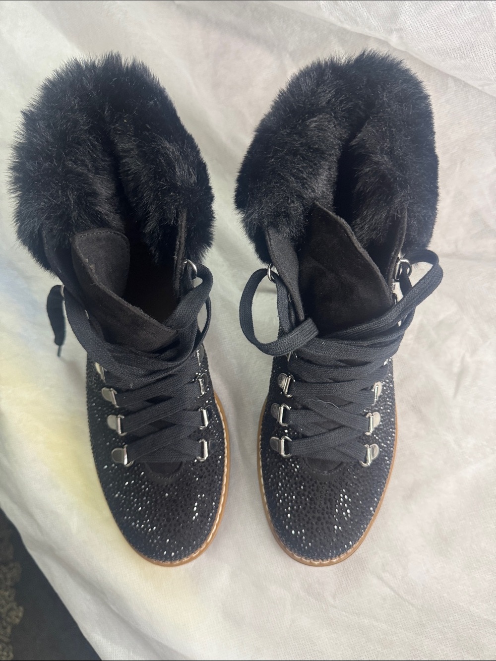 INC - Black Faux-Fur Lace-Up Ankle Boots with Crystal Detail- New.